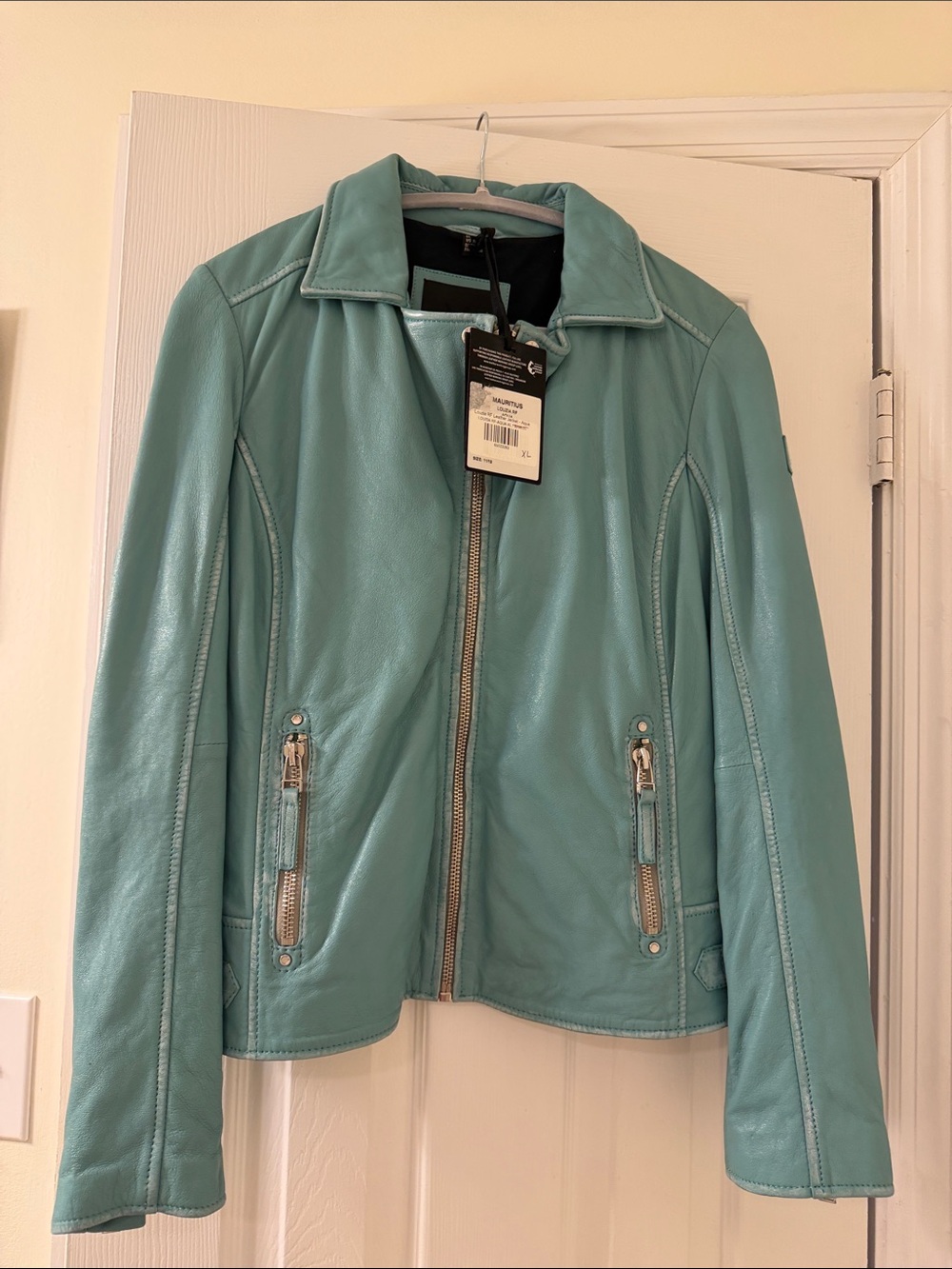 Women's Teal Leather Zip-Front Jacket